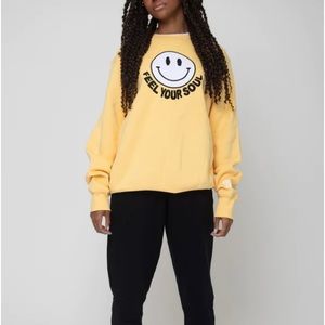 Feel Your Soul Hardcore Happy Smiley Face Sweatshirt Yellow Embroidered